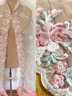 Vintage Embroidered Organza Bridal Wrap *Large* Pink White Sequin Floral Pleated